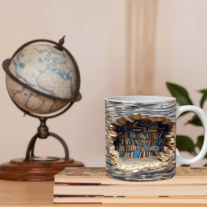White ceramic coffee mug featuring a raised 3D bookshelf design, a stylish literary drinkware item.