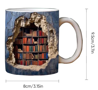 Library-themed 3D bookshelf coffee mug, a charming ceramic cup for home decor and bookworm enjoyment.