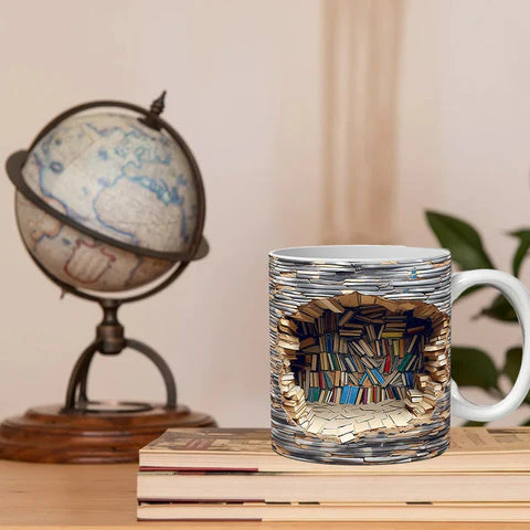 Bookshelf coffee mug, 3D ceramic design for book lovers. Unique library-themed drinkware gift.