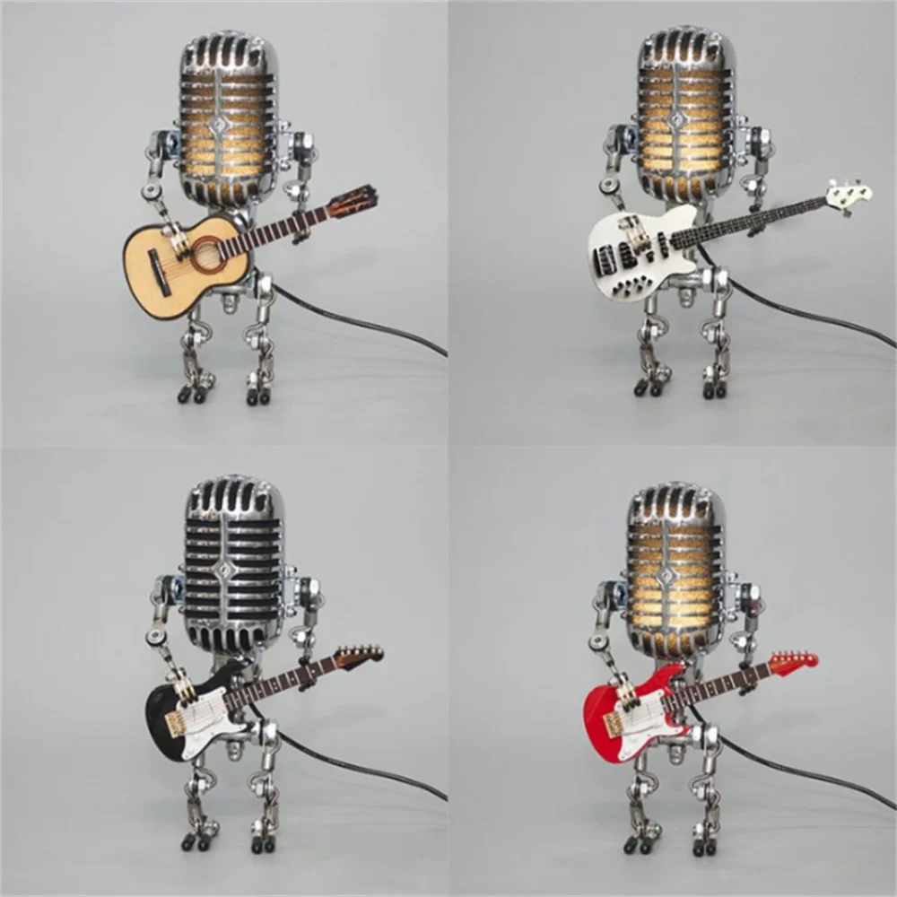 Unique industrial robot table lamp with guitar, perfect for retro desk decor or a novelty accent light.