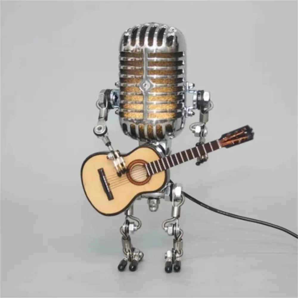 Retro robot table lamp with guitar, an industrial-style novelty light to enhance any room's decor.