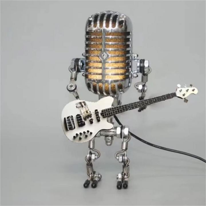 Unique robot accent light with guitar, a charming industrial decor piece and a perfect gift for music fans.
