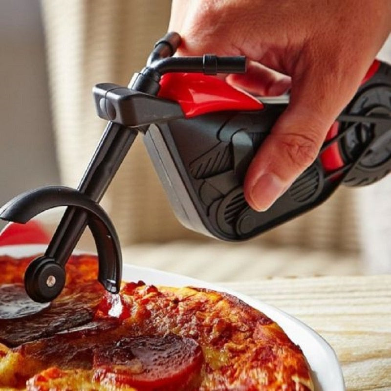 Unique motorcycle style pizza cutter with display stand, stainless steel wheel for perfect slices.