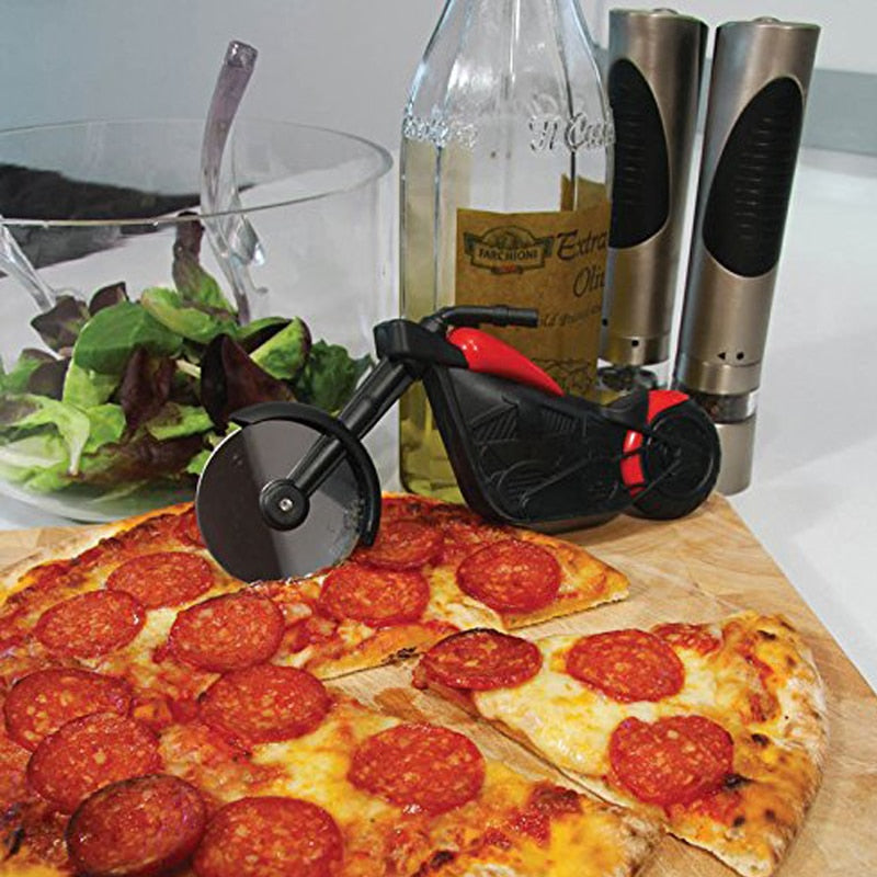 Novelty motorcycle pizza cutter, a unique kitchen gift. Stainless steel wheel & display stand.