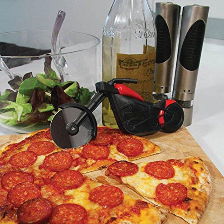 Novelty motorcycle pizza cutter, a unique kitchen gift. Stainless steel wheel & display stand.
