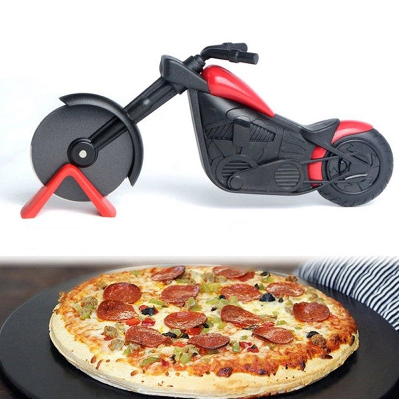 Luxe motorcycle-style pizza cutter, a unique kitchen gadget & gift. Stainless steel wheel, includes display.