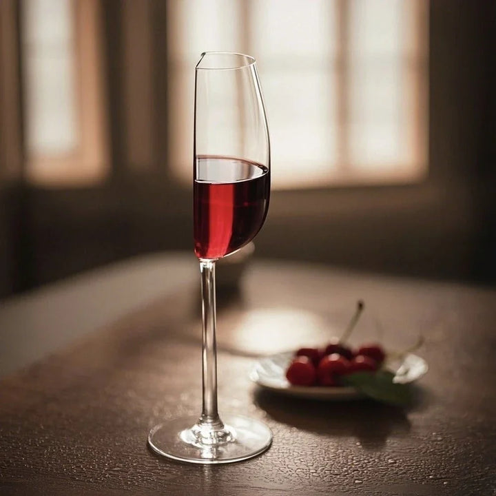 Unique sculptural half-full clear stemmed wine glass, modern artistic design for elegant drinkware & home decor.