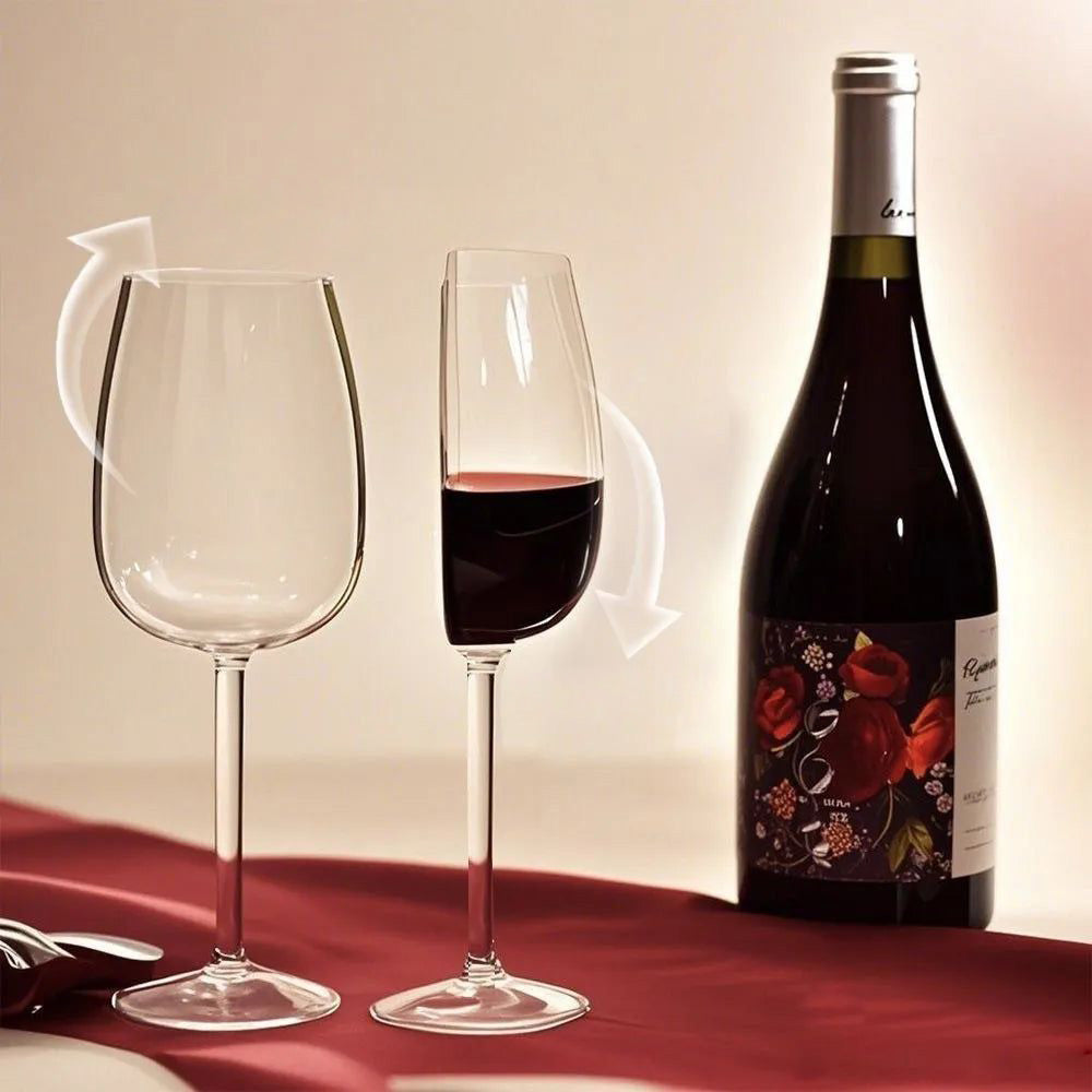 Distinctive clear stemmed wine glass with a striking half-full sculptural design, ideal for modern home decor.