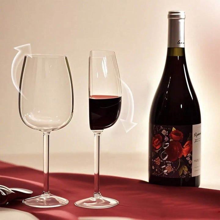 Distinctive clear stemmed wine glass with a striking half-full sculptural design, ideal for modern home decor.
