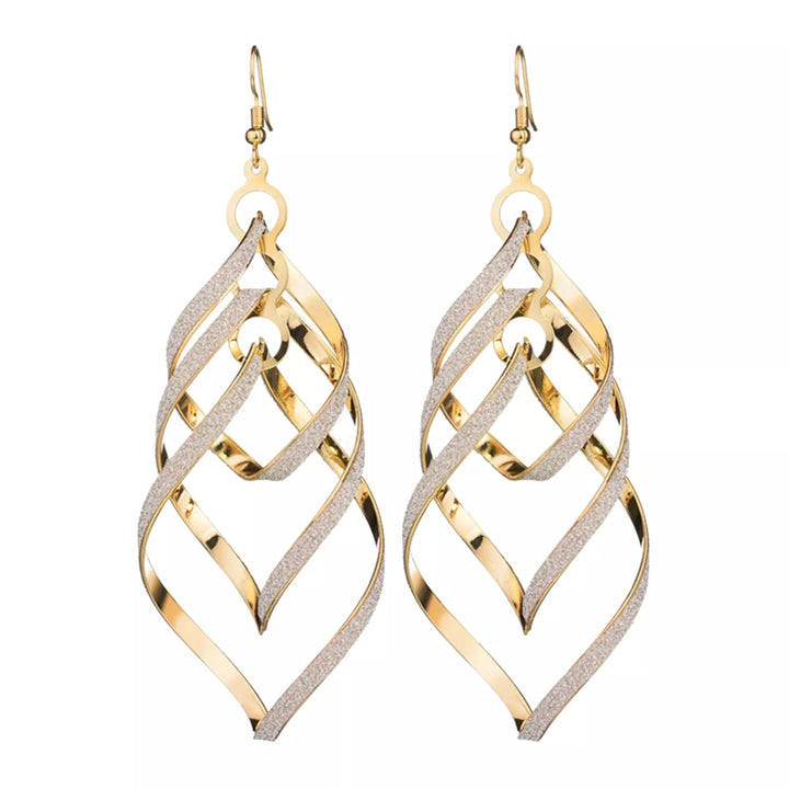 Elegant gold-plated spiral dangle earrings for women. Fashionable unique statement jewelry.
