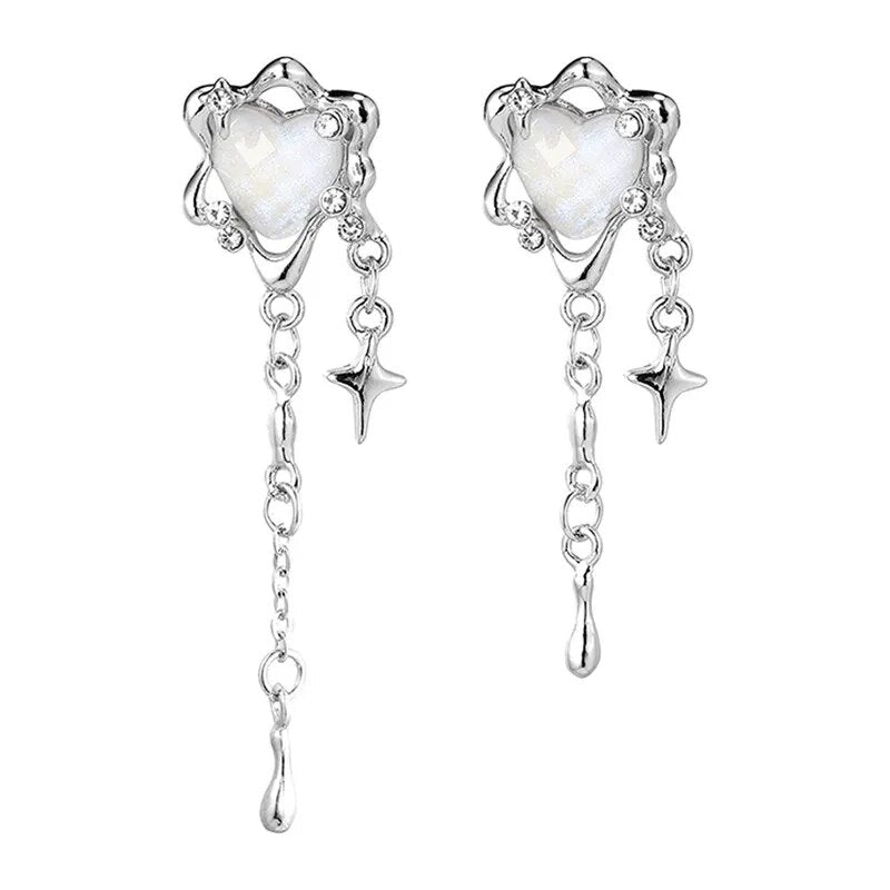 Sterling silver irregular heart & star tassel earrings for women. Unique charm, stylish fashion accessory.