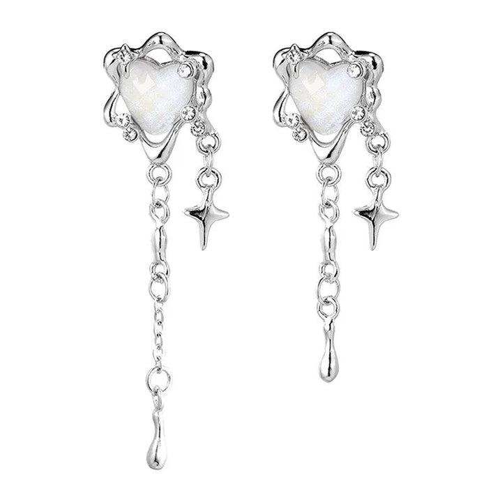 Sterling silver irregular heart & star tassel earrings for women. Unique charm, stylish fashion accessory.