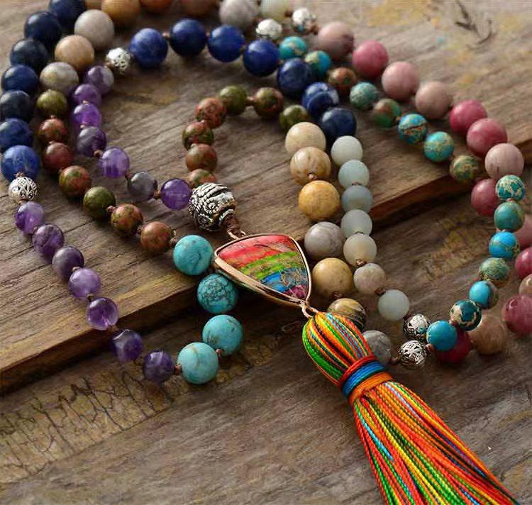 Unisex 108 gemstone beaded mala necklace for meditation & spiritual practice.