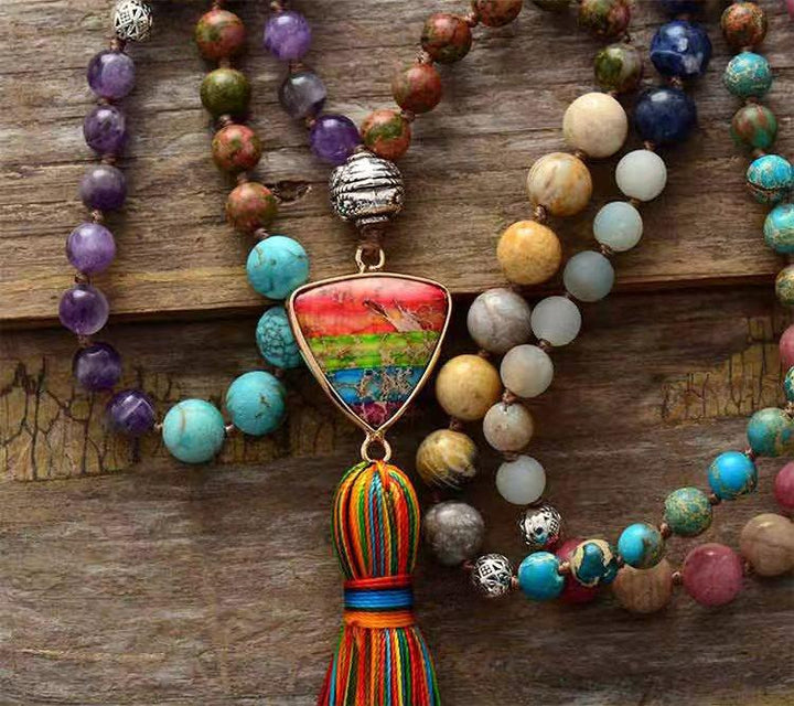 Natural gemstone beaded mala necklace, perfect for meditation, inner peace & mindfulness.
