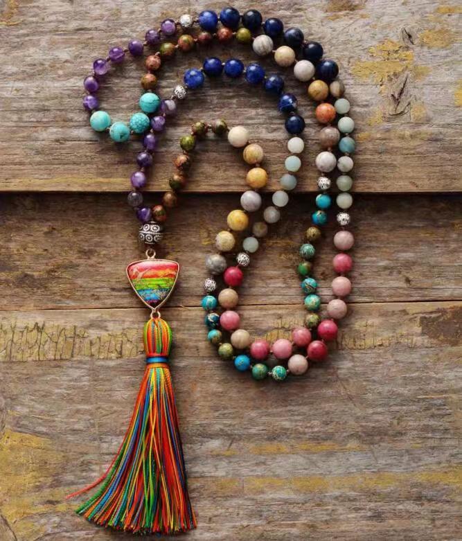 Boho-style gemstone mala necklace, ideal for spiritual enlightenment & calm reflection.