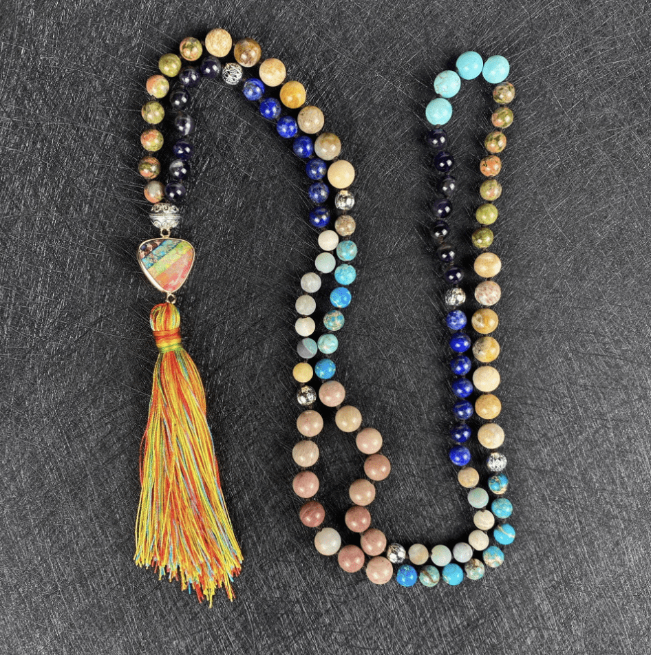 Hand-knotted gemstone beaded mala, a stylish & spiritual accessory for daily wear.