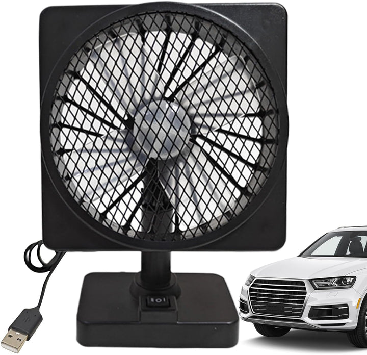 Unisex 12V USB car cooling fan with 360-degree rotation, black, attached to dashboard