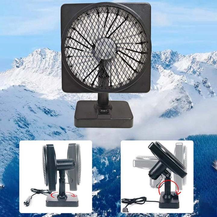 Dual head 12V USB car air circulator fan, 360° rotation for auto cooling, on a vehicle dashboard