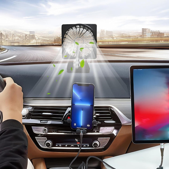 Portable USB car fan, 12V, providing personal cooling for road trips or travel