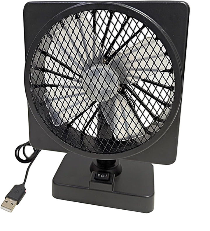 Black 12V USB auto fan with dual heads, designed for optimal cooling in a car