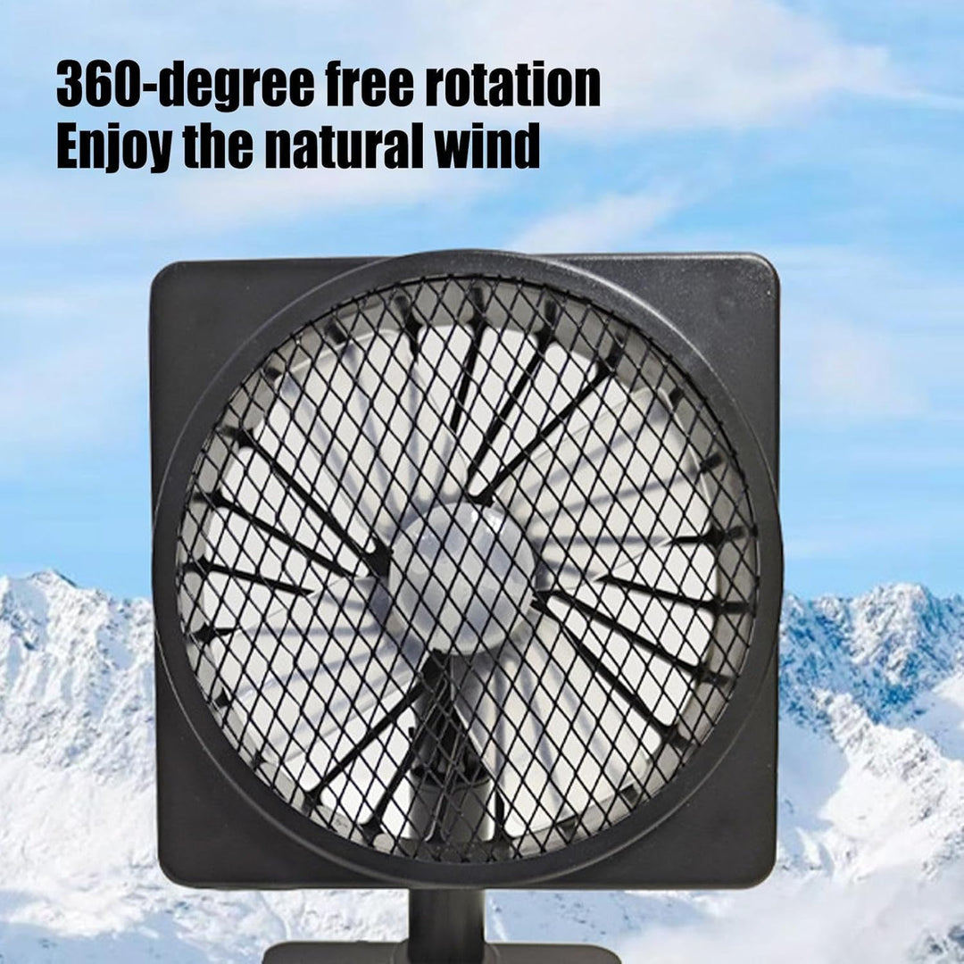 Close-up of a 360° rotating USB car fan, showing flexible neck and compact design