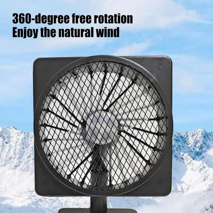 Close-up of a 360° rotating USB car fan, showing flexible neck and compact design