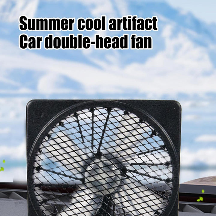 Two 12V USB car cooling fans, side-by-side, demonstrating dual head functionality