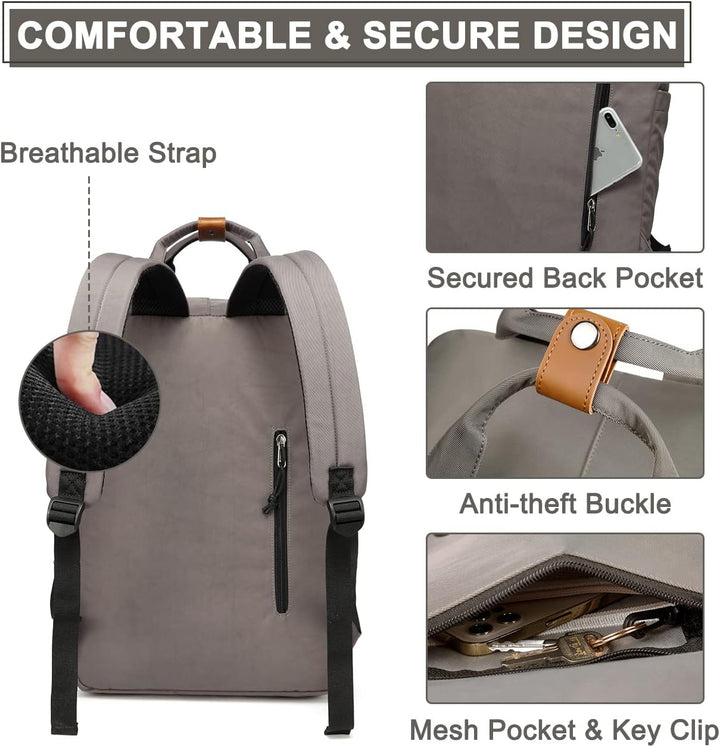 Open UrbanEase 15.6 inch vintage laptop backpack, showcasing internal organizer pockets and laptop sleeve.