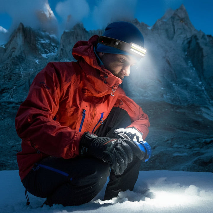 Bright 1500 lumens LED headlamp, rechargeable, essential for night running, hiking, camping safety & outdoor adventures.