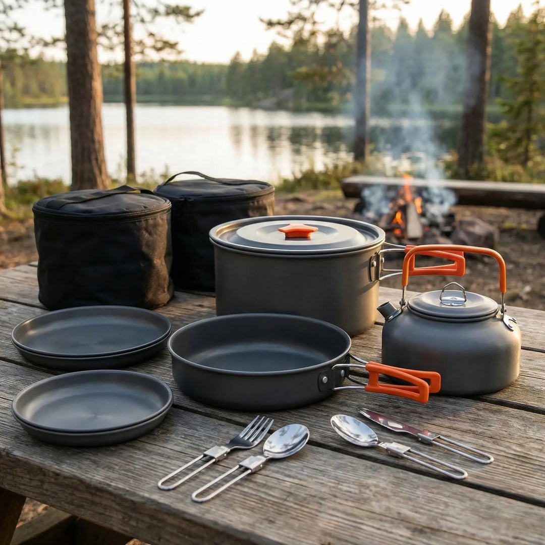 Unisex 16-piece nesting camping cookware set, lightweight & compact for outdoor kitchen, hiking, backpacking.
