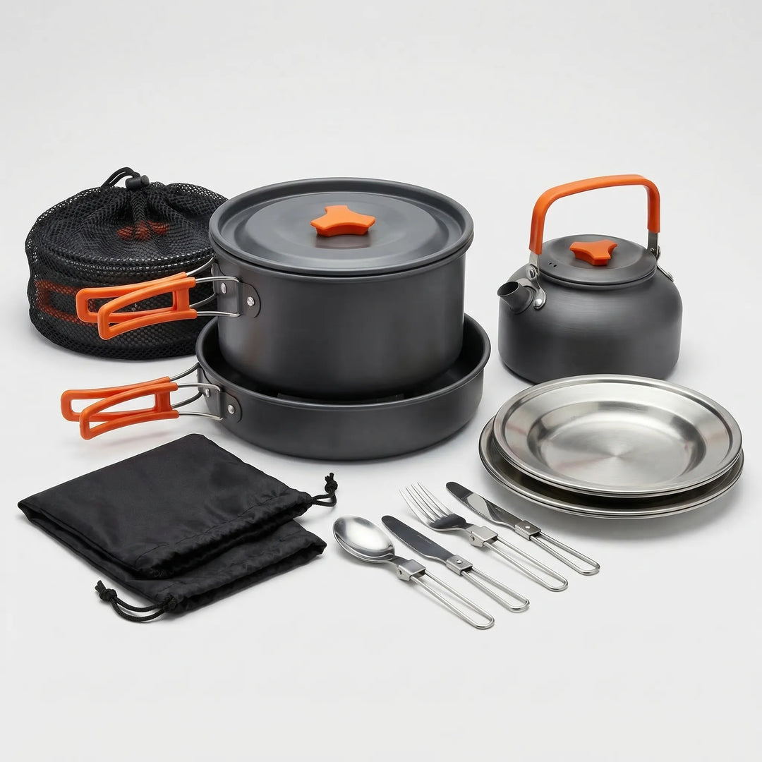 Durable 16-piece portable camping cookware set for outdoor cooking, picnics, and travel. Compact nesting design.