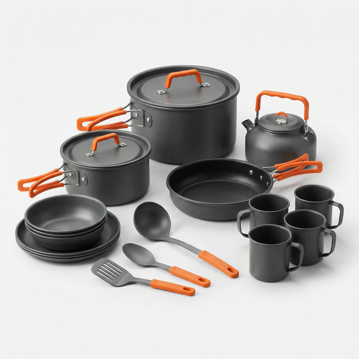 Versatile 16-piece outdoor cooking set for camping & travel. Nesting design provides compact & space-saving storage.
