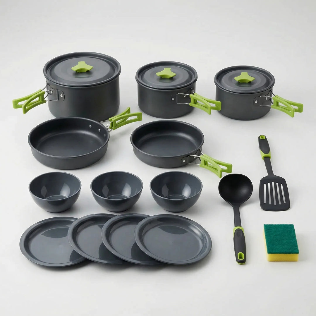 Lightweight 16-piece camping cookware for camp stoves. Essential nesting pot & pan set for outdoor kitchen adventures.