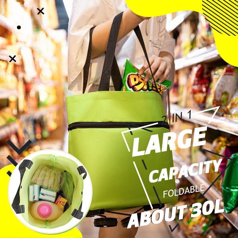 Foldable wheeled shopping bag, heavy-duty reusable utility tote for easy grocery transport.
