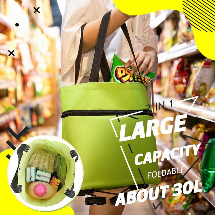 Foldable wheeled shopping bag, heavy-duty reusable utility tote for easy grocery transport.