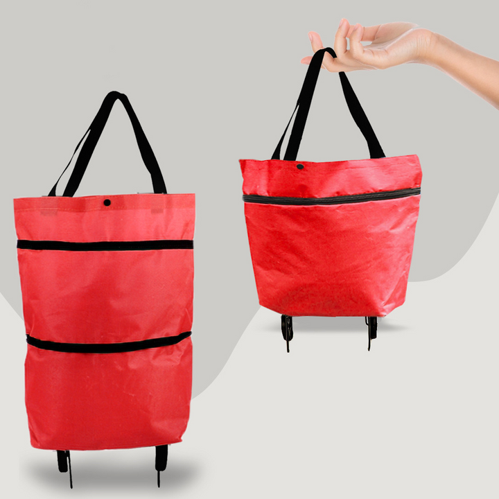 Space-saving foldable wheeled shopping cart bag, ideal for easy grocery trips and storage.