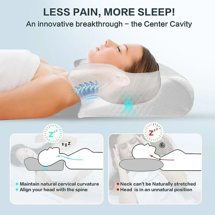 Memory foam cervical pillow for posture correction, ergonomic neck support, pain relief for all sleepers.