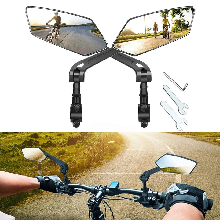 Foldable handlebar bike mirrors (2 pack) with HD wide-angle glass for bicycles and scooters.