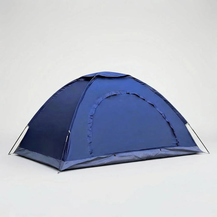 Compact, portable 2-person camping tent in its carry bag, ready for easy setup on any hiking trip.