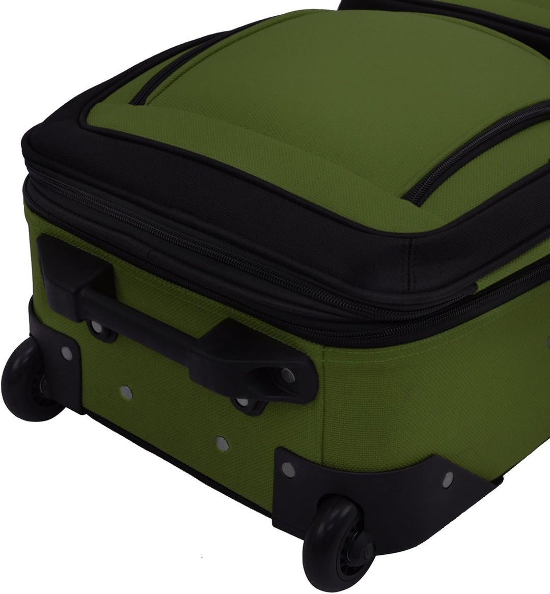 Angled shot of the full 2-piece softside luggage set, carry-on and duffel bag with wheels
