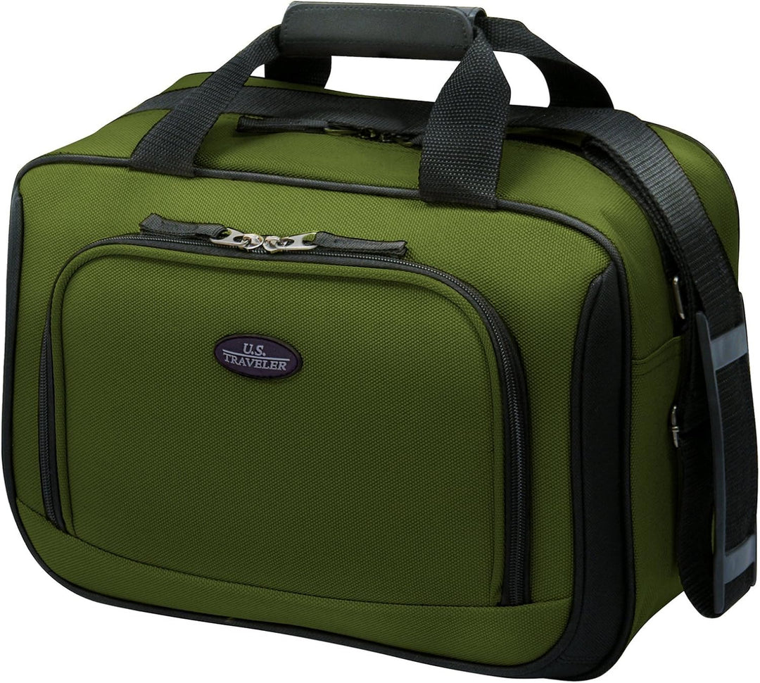 Empty carry-on luggage with open main compartment and front pockets, ideal for organization