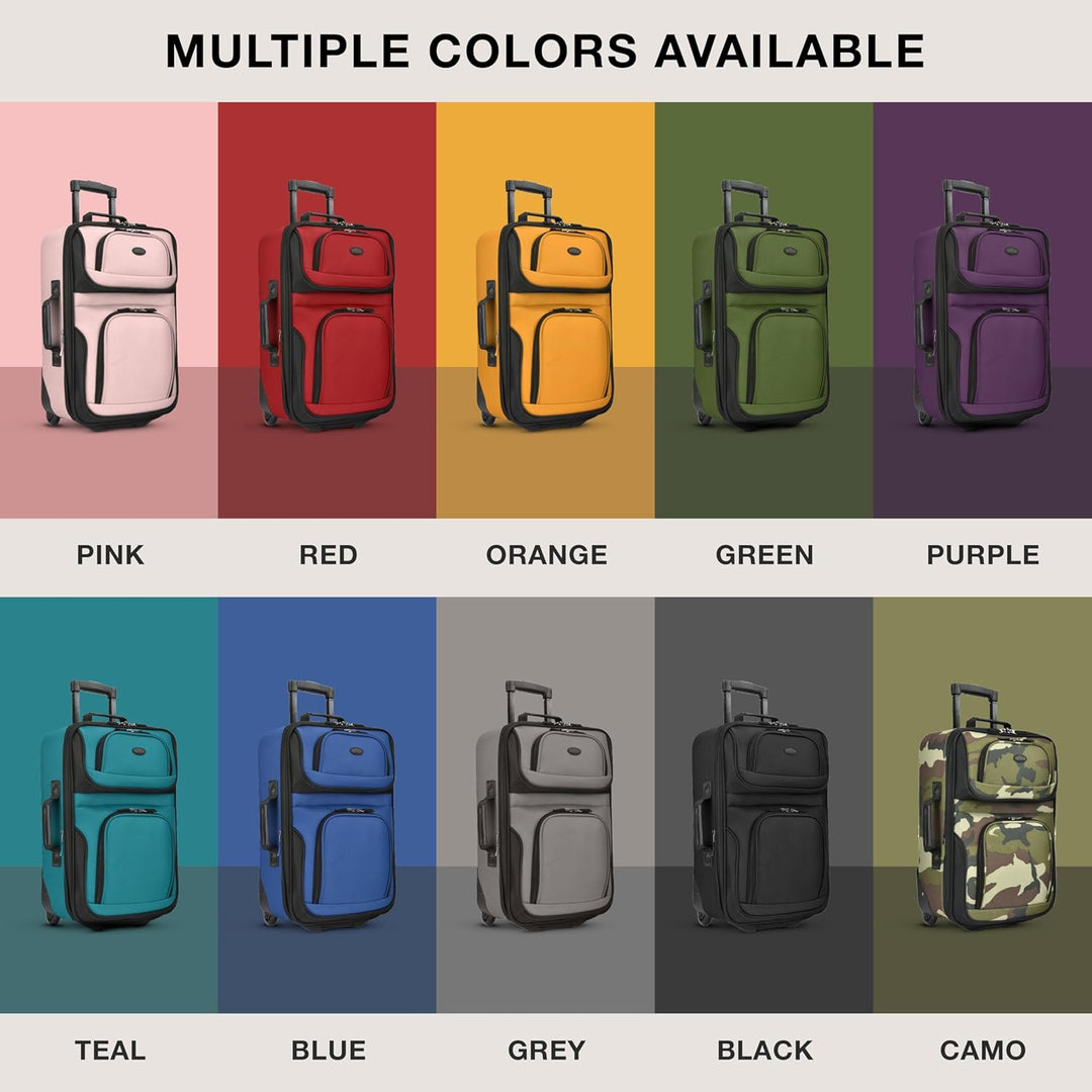 Front view of the polyester softside carry-on and matching tote bag duo with pockets