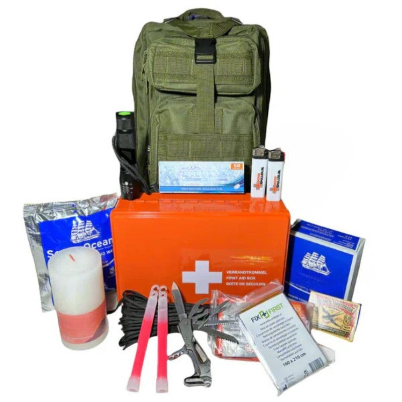 Unisex 20-quart tactical backpack emergency survival kit for disaster preparedness & outdoor safety.