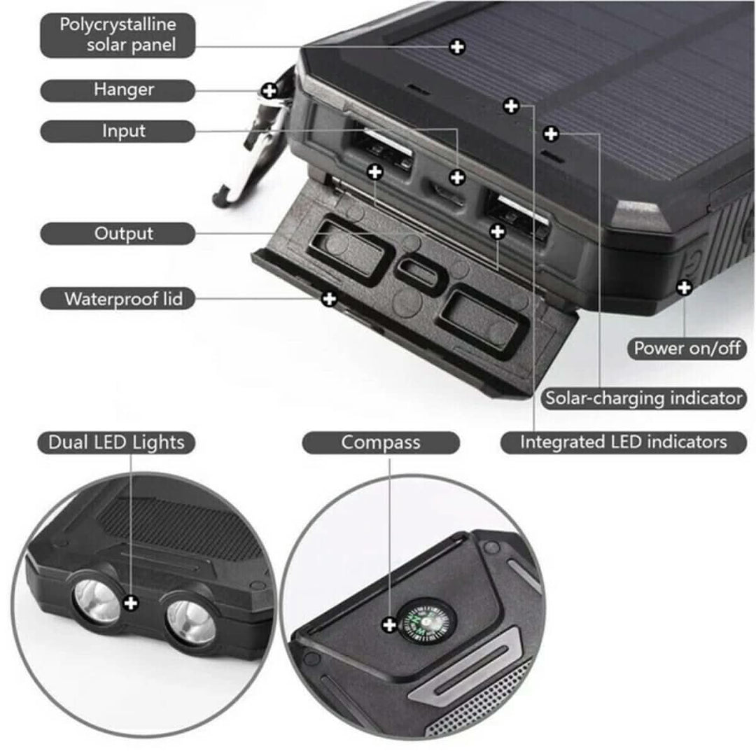 Outdoor 20000mAh waterproof solar power bank charging phone in nature, perfect for hiking & backpacking.