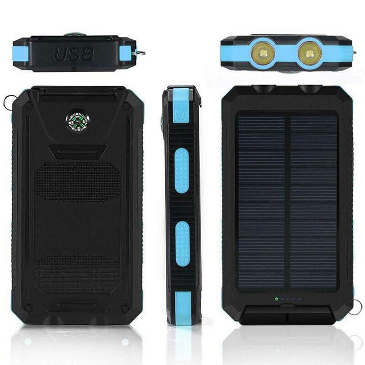 Rugged 20000mAh waterproof solar power bank with emergency light, essential portable charger for outdoors.