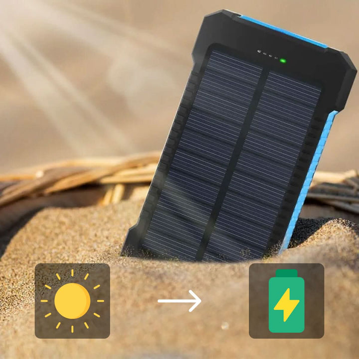 Emergency 20000mAh waterproof solar power bank with LED light; essential outdoor adventure gear & USB charger.