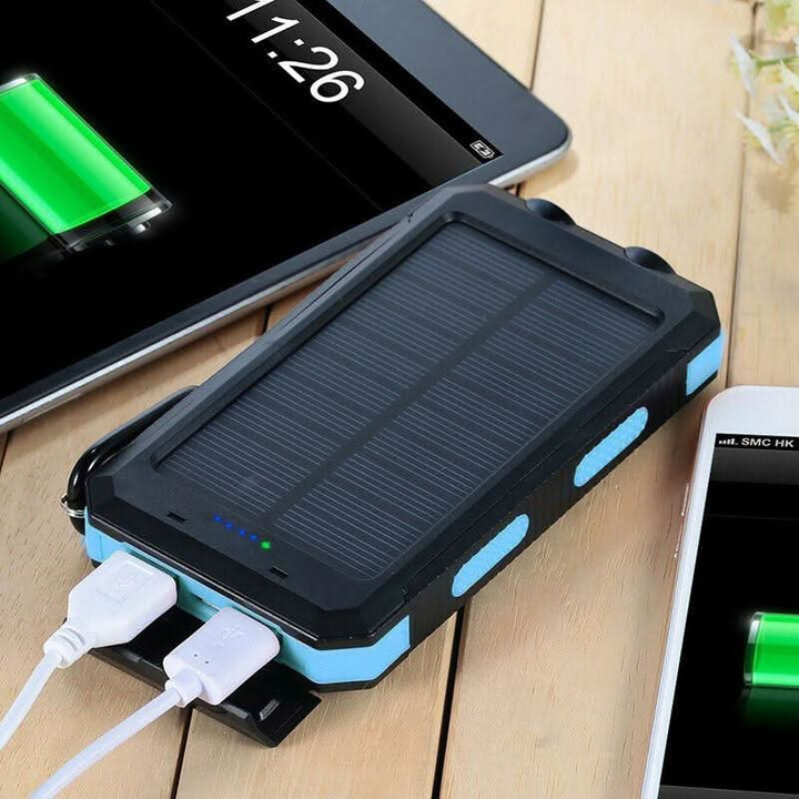 Compact 20000mAh waterproof solar power bank, perfect portable charger for phones & outdoor adventure.