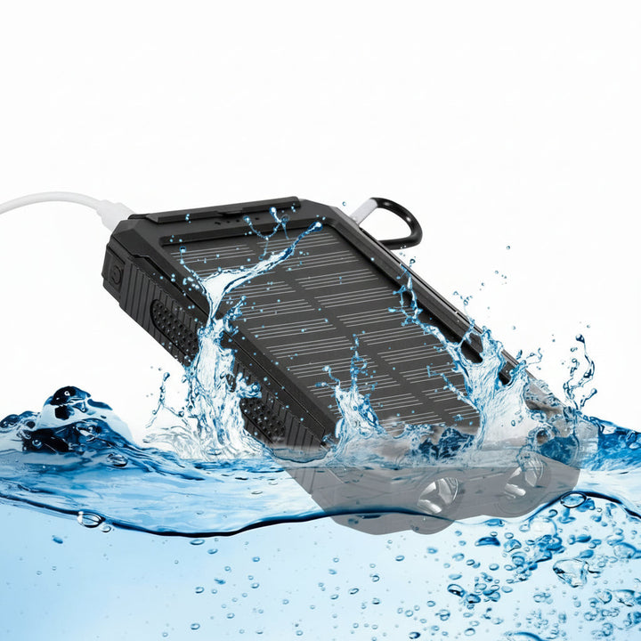 20000mAh waterproof solar power bank with dual USB ports & emergency light, essential for outdoor camping.