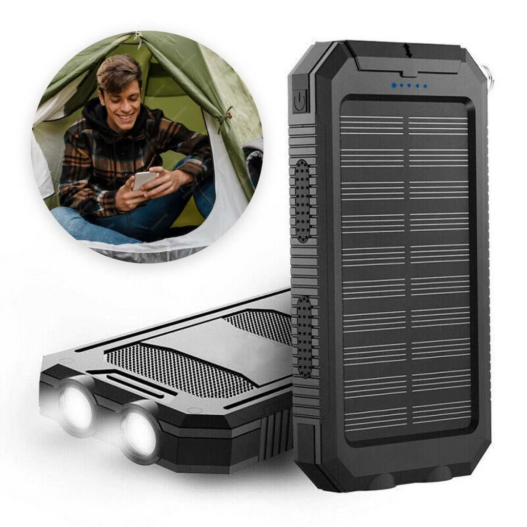 Unisex 20000mAh waterproof solar power bank; a durable USB charger for hiking, camping & adventure gear.