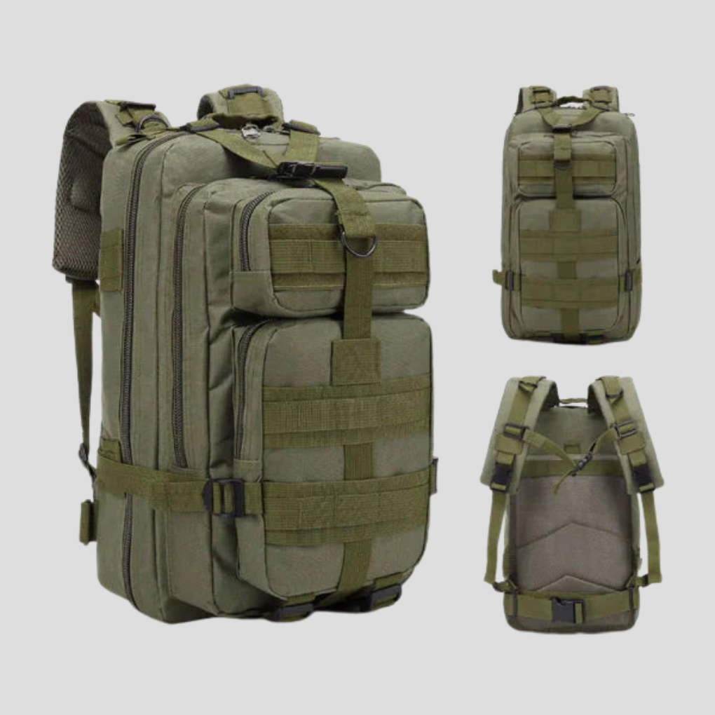 Versatile 20L tactical Molle rucksack with multiple compartments for outdoor utility, camping, and emergency storage.
